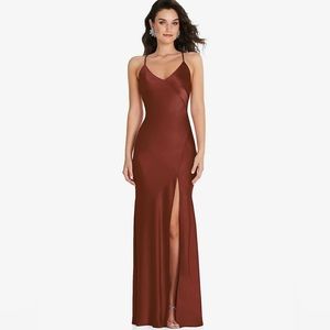 V-NECK CONVERTIBLE STRAP BIAS SLIP DRESS WITH FRONT SLIT IN AUBURN MOON